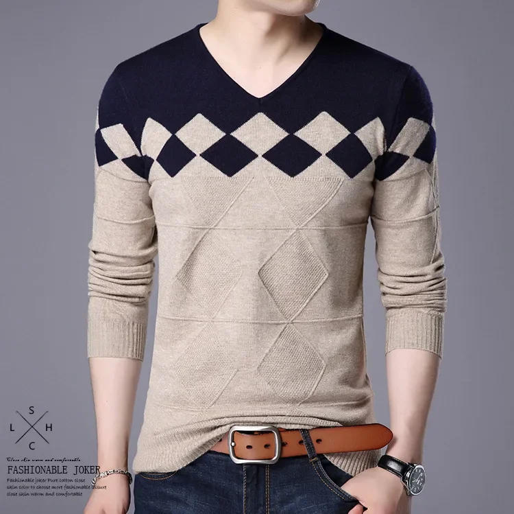 Description Picture 2 of itemKorean Fashion New Men Sweater Casual Cashmere Wool Men's Sweater Autumn Slim Fit Pullovers Men Argyle Pull Men's Sweaters