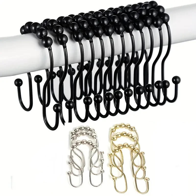 Description Picture 2 of item12Pcs Stainless Steel Double Hook Shower Curtain Ring, Curtaines Hookes Hanging Without Punching Smooth Durable