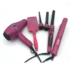Professional hot salon tools set high heat flat Iron, diamond blow dryer, bedazzled 3 in 1 curling wands set