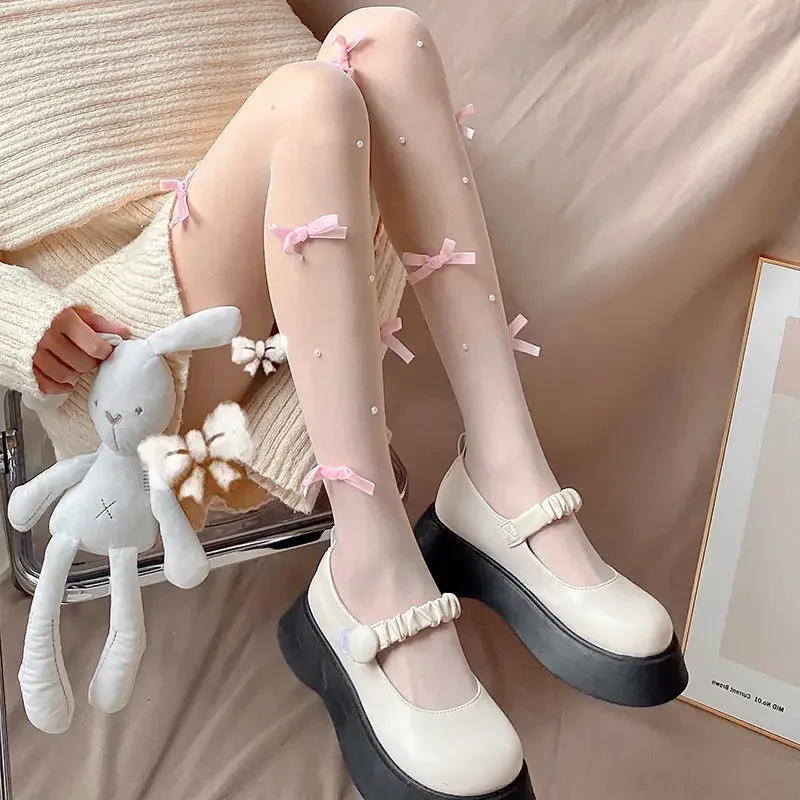 Description Picture 3 of itemWomen JK Lolita Tights Pink Velvet Bow Pearl Tights Pantyhose Body Stockings Pantyhose Japan Style Sweet Girls Nylon Stocking