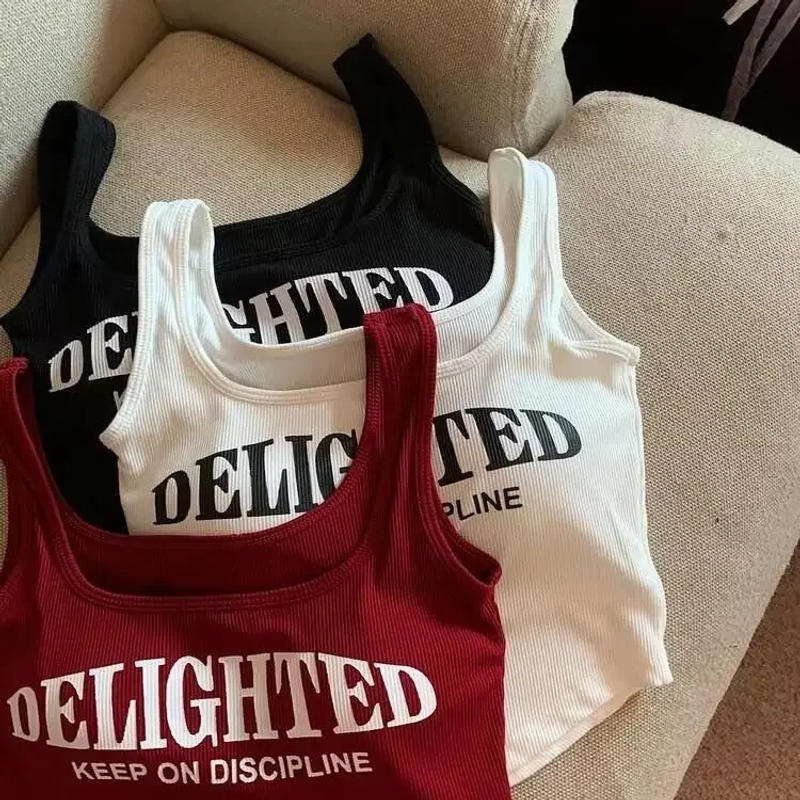 Description Picture 2 of itemFrench Sweet And Spicy Hundred Letter Printed Sexy Camisole Tank Tops Chest Pads Women's Summer Tank Top