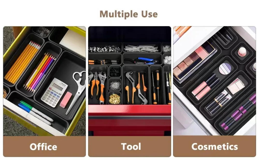 Description Picture 5 of item32PCS Desk Drawer Organizers 3 Size Plastic Interlocking Shallow Tool Organizer Tray Dividers Separators Storage Bins Container