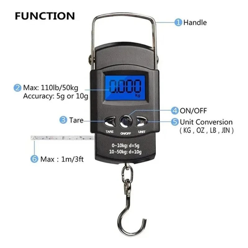 Description Picture 3 of itemPocket Scale Weighing Electronic Balance Digital Fish Hook Portable Home Scale with Measuring Tape Ruler Mini Luggage for Fish
