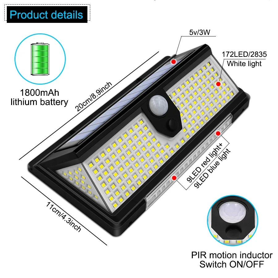 Description Picture 5 of item190 SMD LED Solar Human Body Sensing Sensor Wall Flood Lights IP65 Waterproof Lighting Three Sided Solar Wall Light