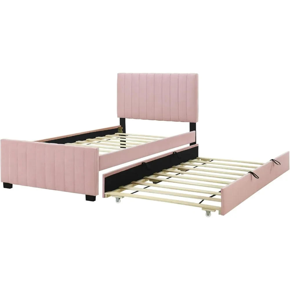 Description Picture 5 of itemBeds,Velvet Upholstered Platform, Wood Frame Trundle, Twin Size Bed, Pink