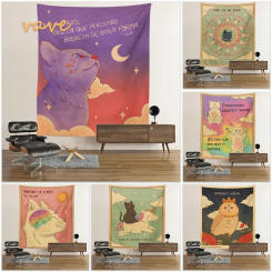 Sun Moon Cat Tarot Tapestry Wall Hanging Tarot Retro Black White Cat Psychedelic Love Star for Living Room Home Dorm Decor Cloth