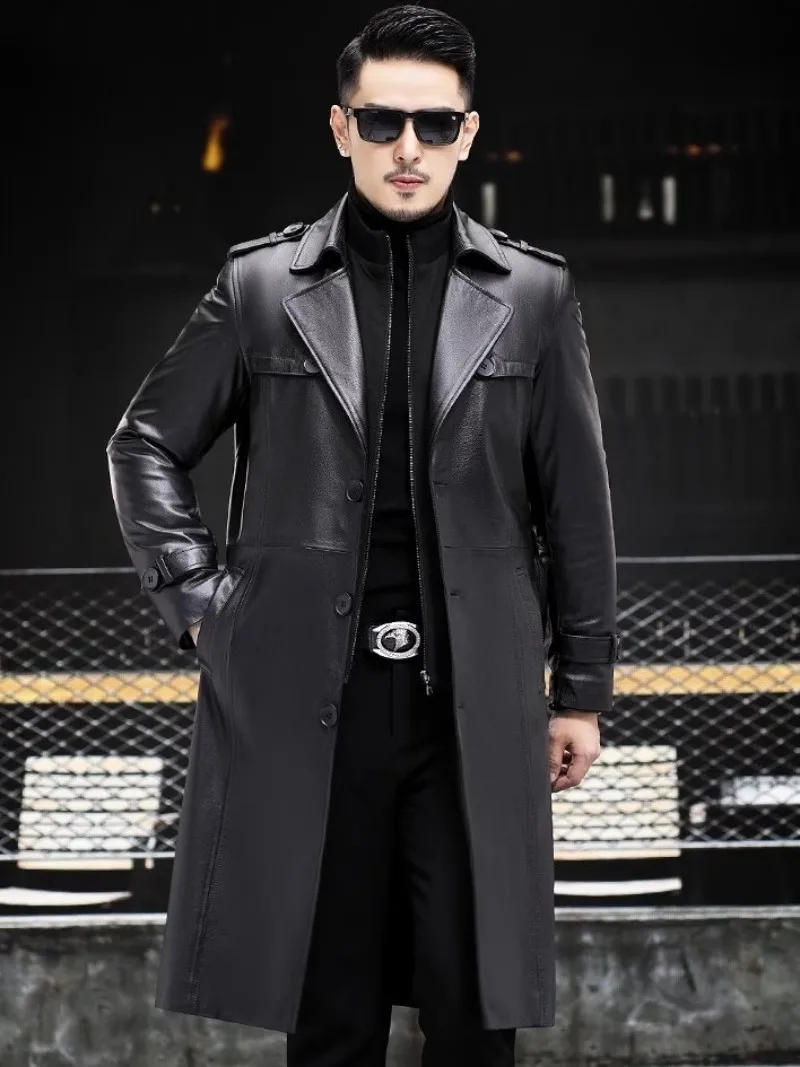 Description Picture 3 of itemNew Autumn Winter Mens Cowhide Genuine Leather Trench Black Punk Outwear Single Breasted Slim Fit Business Casual Men Long Coat