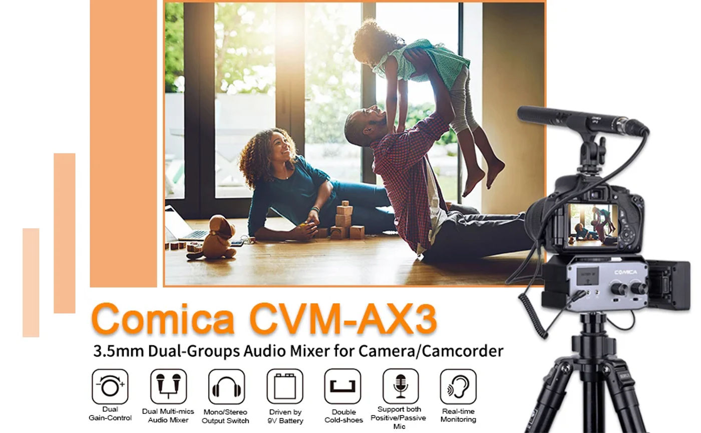 Description Picture 3 of itemComica CVM-AX3 XLR Microphone Audio Mixer, Dual XLR/3.5mm/6.35mm Port Camera Preamp With Real-time Monitoring For DSLR Camera