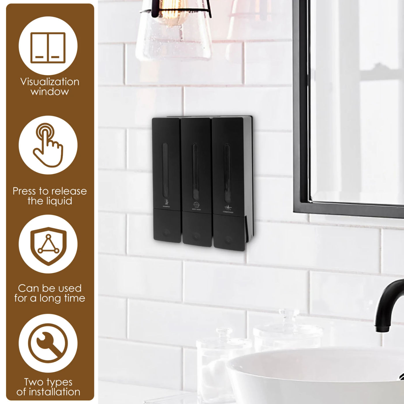 Description Picture 3 of item400ML Soap Dispenser Wall Mounted Shower Soap Dispenser 3 Chamber Conditioner Gel Detergent Dispenser for Bathroom Accessories