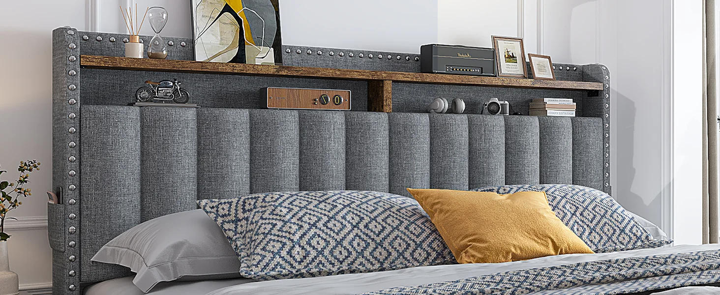 Description Picture 4 of itemBed Frame with 3 Storage Drawers,Queen Size Bed Frame with Headboard, Upholstered Platform Bed Frame Queen Size with Storage