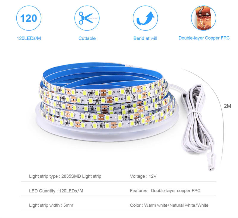 Description Picture 3 of itemSuper Bright DuPont Interface LED Strip Lights 12V 2835 5mm PCB LED Tape for Closet Shelves Kitchen Under Cabinet Parallel Light