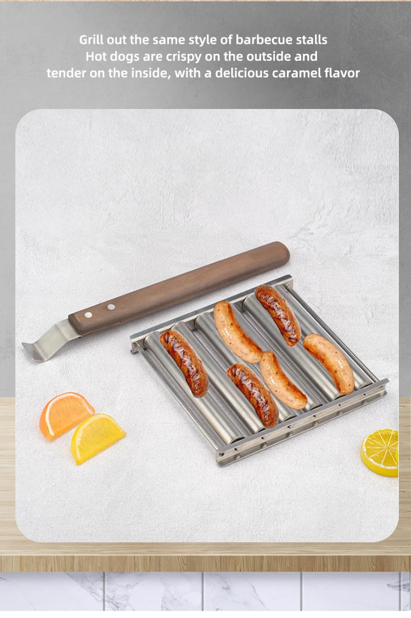 Description Picture 4 of itemHot Dog Roller Rack, Stainless Steel Outdoors BBQ Sausage Grill Pan With Long Wood Handle,New Barbecue Tools