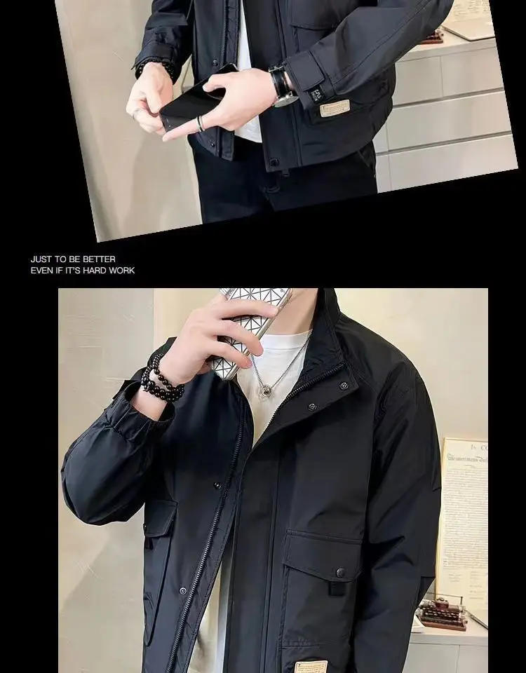 Description Picture 5 of itemSpring Autumn Stand Collar Workwear Jackets Fashion Casual Loose High Street Handsome Jacket Men Overcoat Male Clothes