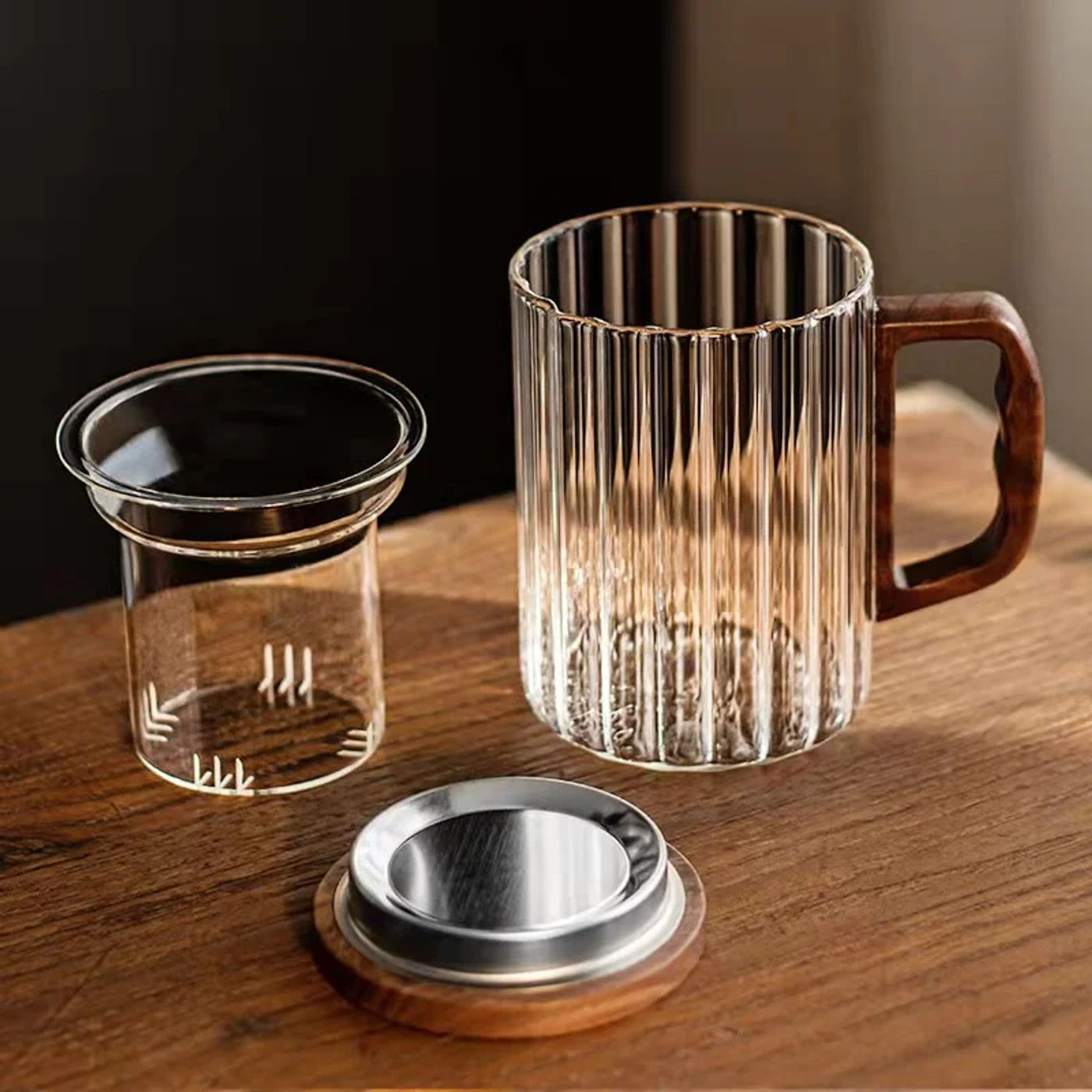 Description Picture 5 of itemCreative Vertical Stripe Glass Tea Infuser Cup With Transparent Filter Wooden Handle Lid Flower Tea Separation Tea Mug Drinkware