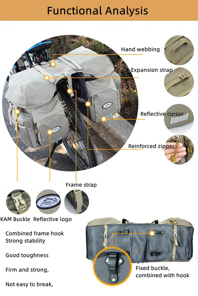 Description Picture 5 of itemBicycle Bag 50L Nylon Bike Bag Rear Rack Trunk Bike Luggage Back Seat Pannier Reflective Cycling Storage Bag Bicycle Accessories