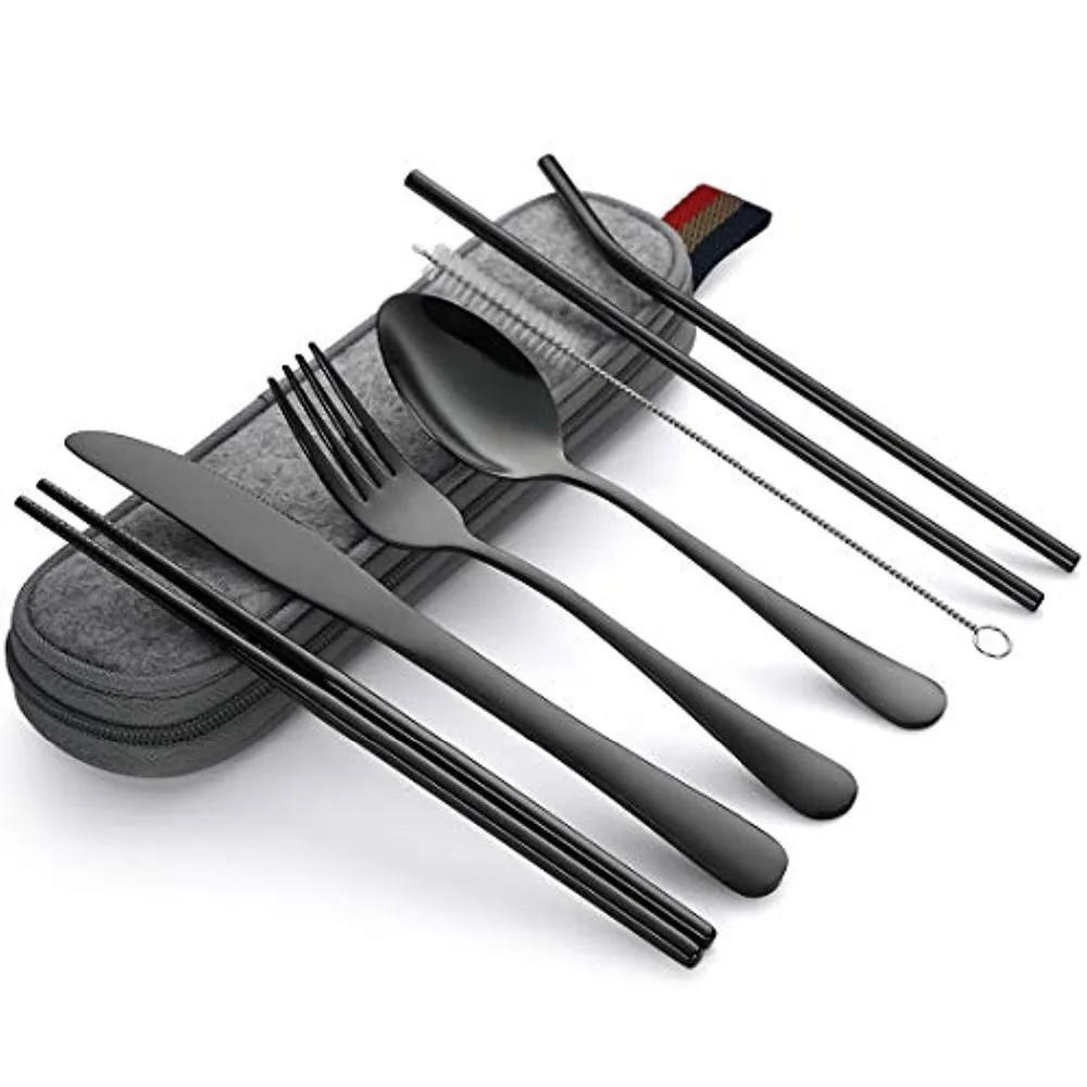 Description Picture 5 of item8Pcs/set Tableware Reusable Travel Cutlery Set Camp Utensils Set with stainless steel Spoon Fork Chopsticks Straw Portable case