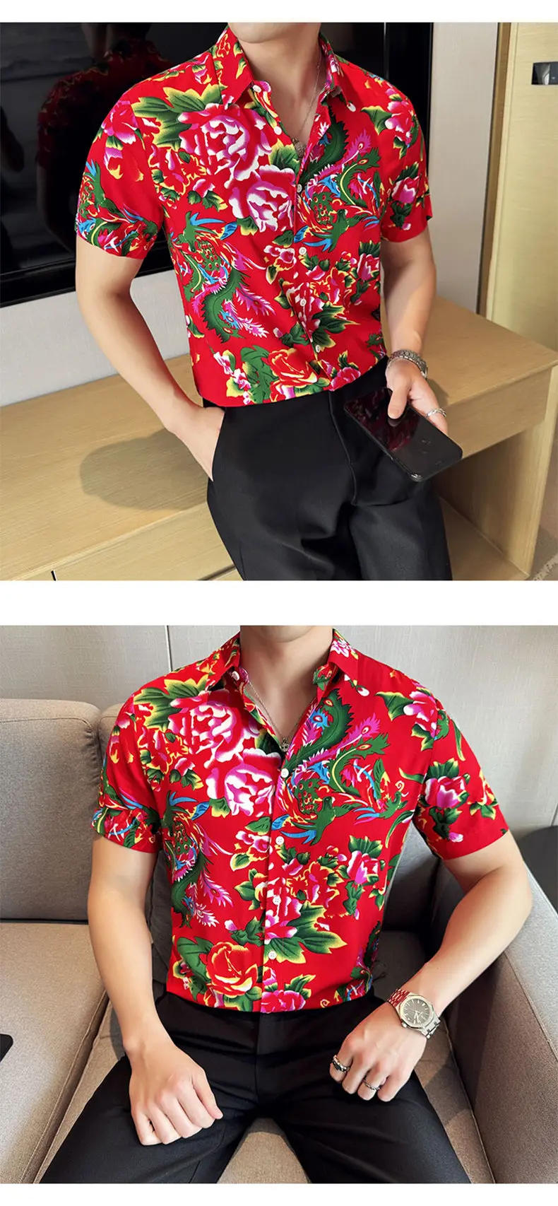 Description Picture 5 of item2024 Summer Art Printed Shirt Men's Short Sleeve Slim Fit Casual Shirts Handsome Versatile Streetwear Tuxedo Blouse Men Clothing