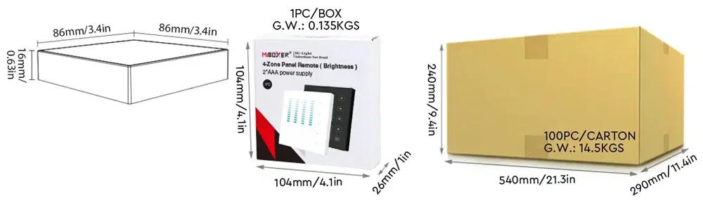 Description Picture 3 of itemMiboxer single color dimming 4-Zone Touch Panel Remote Brightness 3V use for LED light/led Controller/Triac Dimmer/Smart switch