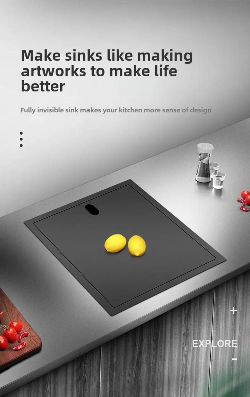 Description Picture 2 of itemKitchen 304 Stainless Steel Hidden Small Single Slot Sink, Island Bar with Cover, Invisible Folding Faucet Sink