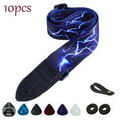10Pcs Soft Guitar Strap With 3 Pick Holders, Strap Button Headstock Adaptor, 1 Pair Strap Locks and 5 Guitar Picks Set
