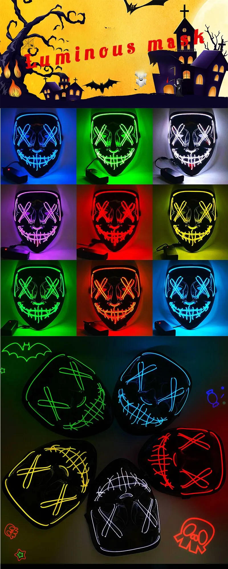 Description Picture 3 of itemHot Sale Halloween Glowing Scary Face Mask Luminous LED Purge Mask Neon Light Up Horror Party Mask Cosplay Costume Supplies
