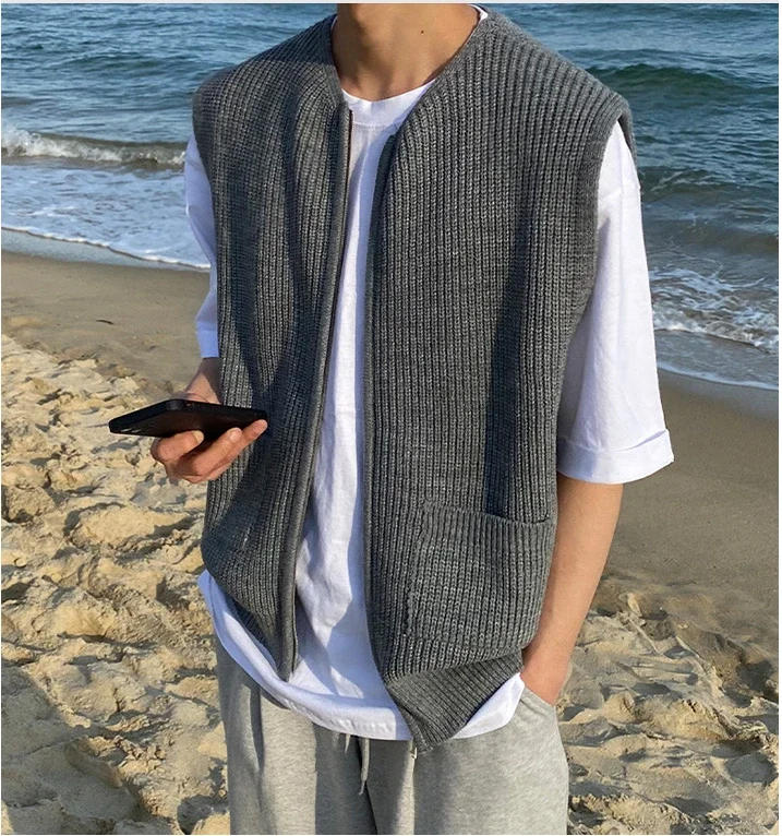 Description Picture 2 of itemLoose Mens Sweater Vest Autumn New Fashion Personality College Style Vest Zipper Knit Cardigan Coat for Men