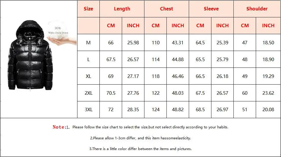 Description Picture 2 of itemMens 90% White Duck Down Jacket Solid Color Waterproof Thicken Warm Hooded Coats Fashion Loose Snow Windbreaker Unisex Parkas