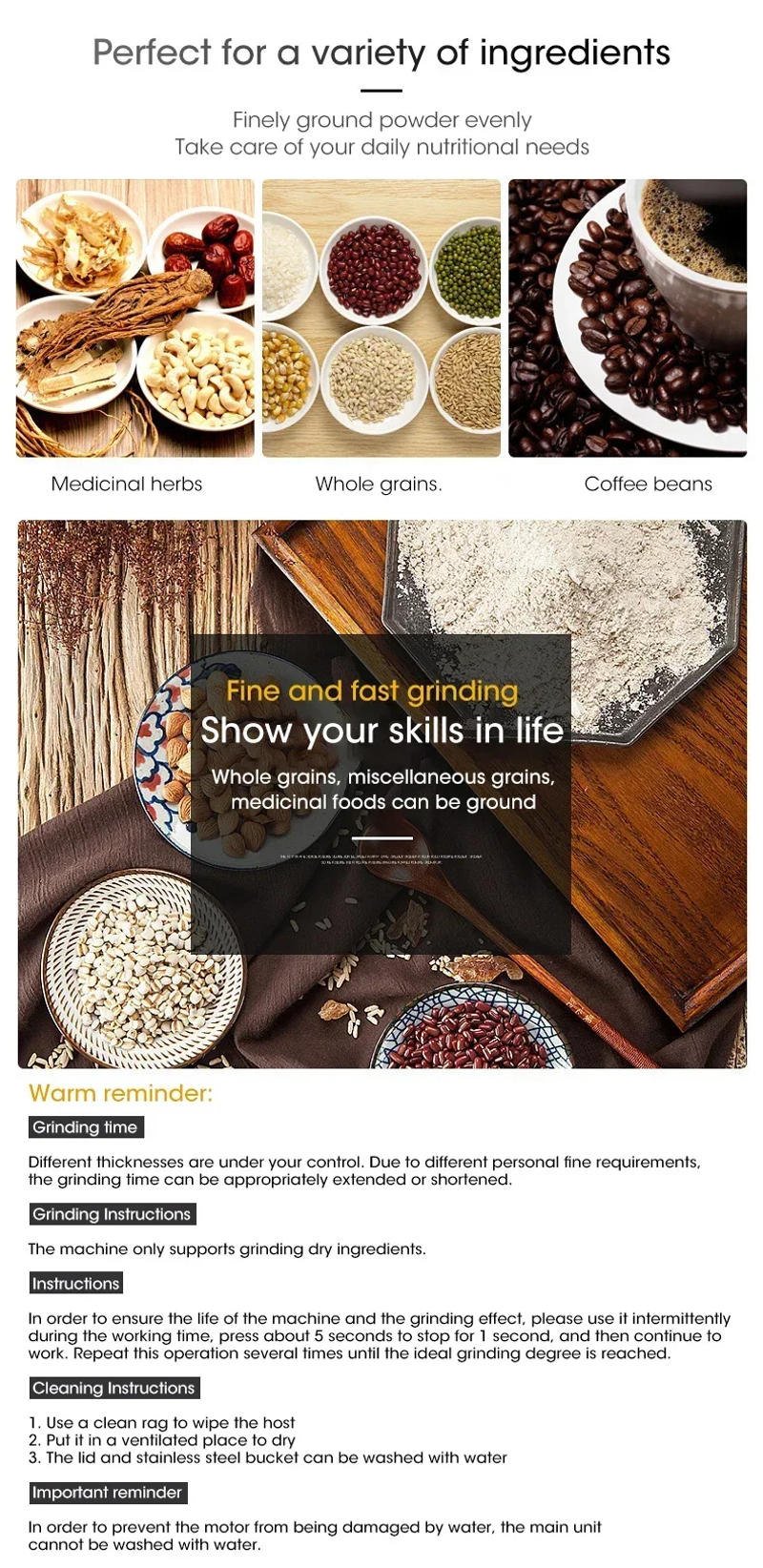 Description Picture 2 of itemFood Coffee Grinder Electric Portabl Household Pepper Legumes Bean Grinding Machine Stainless Kitchen Grain Chopper Tool