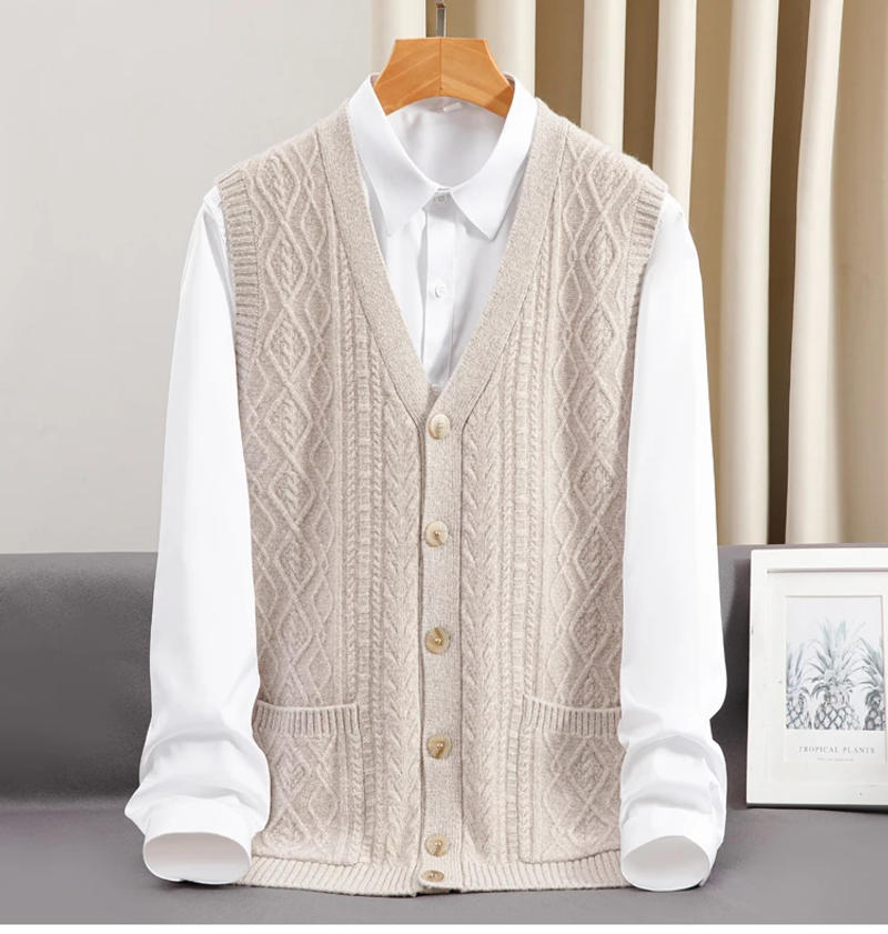 Description Picture 4 of itemNew Arrival Spring Autumn 100% Pure Cashmere Cardigan Tank Top Men's Sweater Casual Solid Knitted Vest Plus Size S-3XL4XL5XL6XL