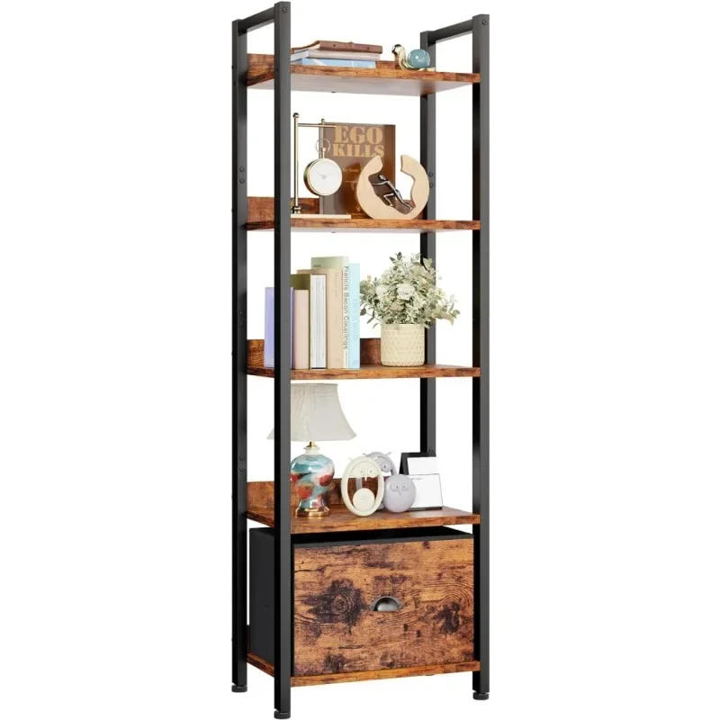 Description Picture 3 of item4 Tier Bookshelf with Drawer, Small Narrow Bookcase with Shelves, Wood and Metal Standing Shelf Unit, Industrial Display Shelves