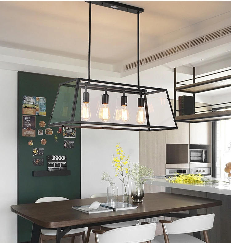 Description Picture 3 of itemBlack Farmhouse Chandeliers for Dining Room 4-Lights American Retro Rectangle Chandelier for Kitchen Island Bar Cafe Light