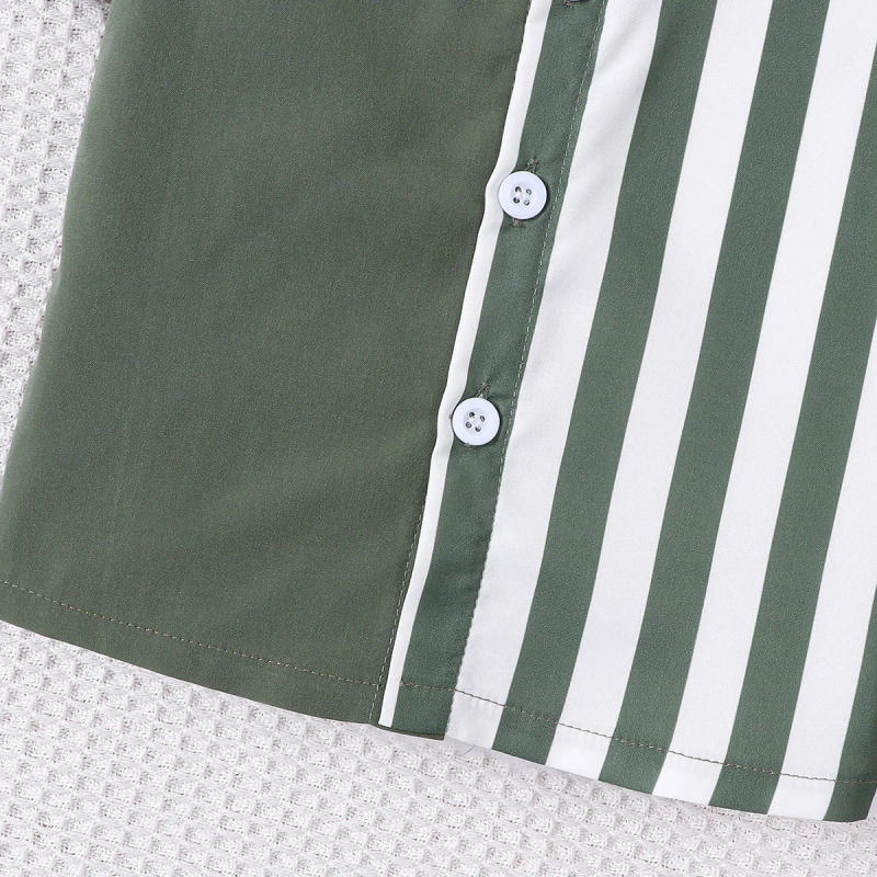 Description Picture 5 of item2-piece set of fashionable and casual solid color splicing short sleeved shirt top and shorts for baby boys, summer