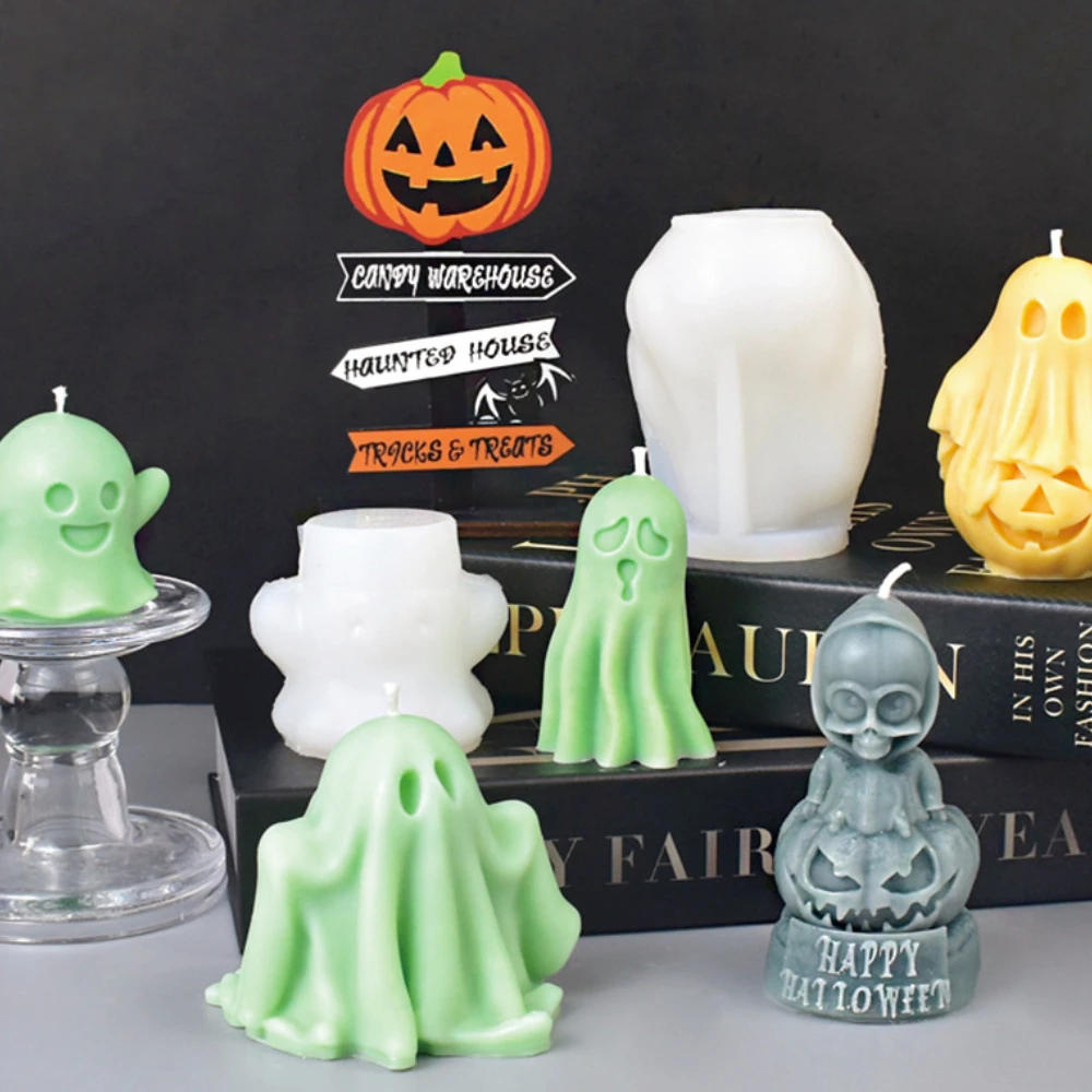 Description Picture 3 of itemCartoon Pumpkin Ghost Plaster Doll Mold Skull Terror Zombie Candle Soap Silicone Mould Hands Up Apparition Halloween Party Decor