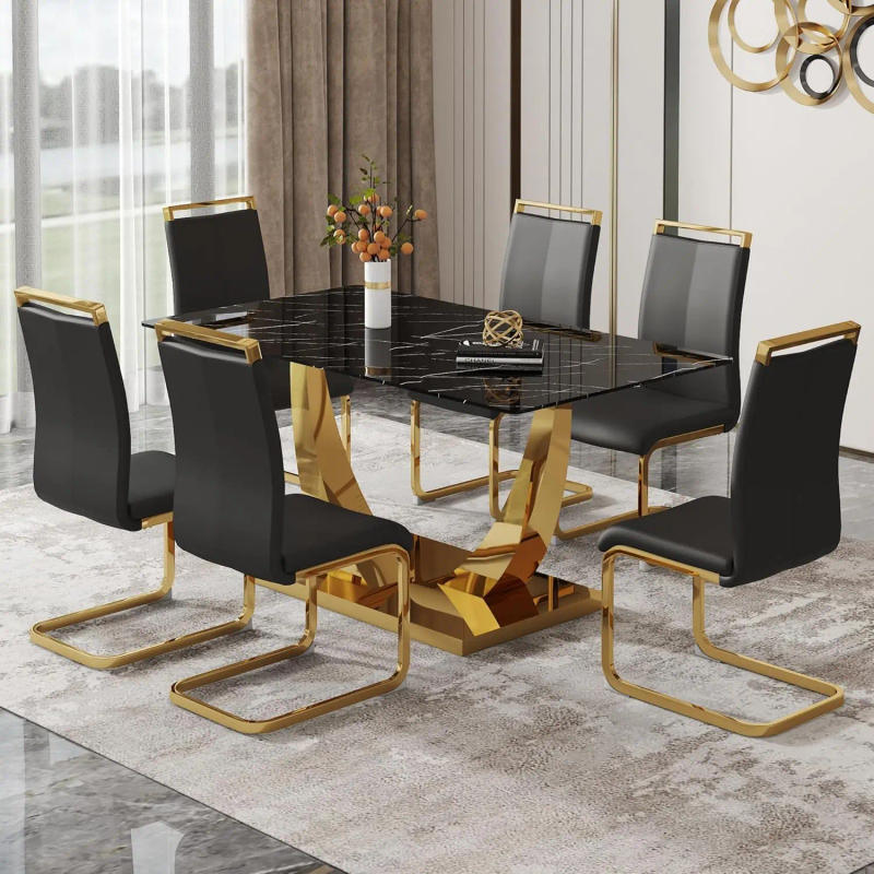 Description Picture 4 of item63” Dining Room Table Set for 6 Modern Gold Dining Table Set for 6 Rectangle kitchen Table Set With PU Leather Chairs Black