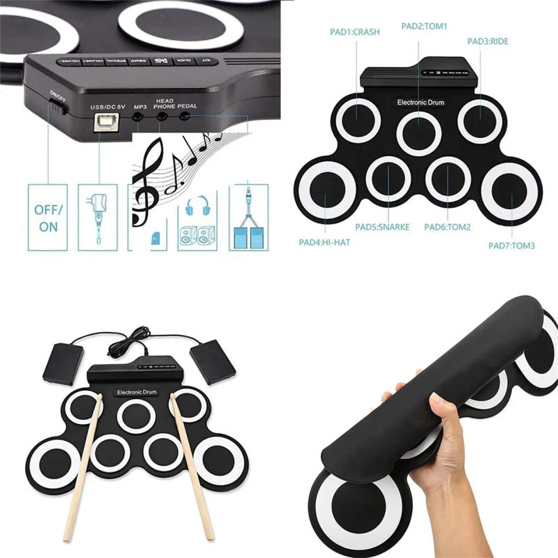 Description Picture 4 of item2022New Folding Silicone Hand Roll USB Electronic Drum Portable Practice Drums Pad Kit With Drumsticks Sustain Pedal