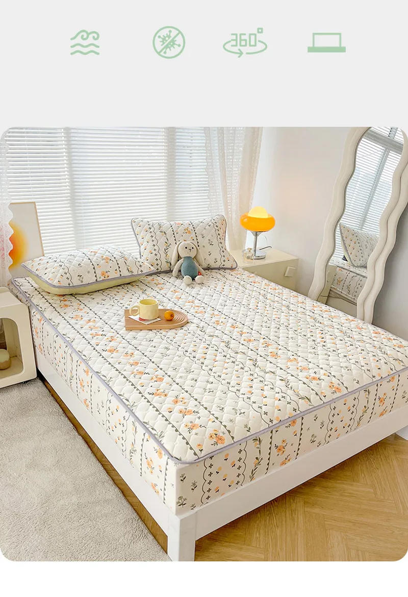 Description Picture 4 of itemFloral Fitted Sheet Queen Size Bed Cover Thicken Bedsheet Quilted Mattress Protector tampa de colchão (Pillowcase Need Order)