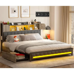 ZHENXIANG Queen Bed Frame with 4 Storage Drawers and Bookcase Headboard,Upholstered LED Bed Frame Queen with Type-C&USB Charging