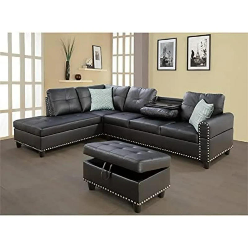 Description Picture 2 of itemLiving Room Sofa, L-Shape PU Leather Sectional Couch Set with Storage, Chaise, Ottoman, 2 Cup Holders & 2 Toss Pillow, Black