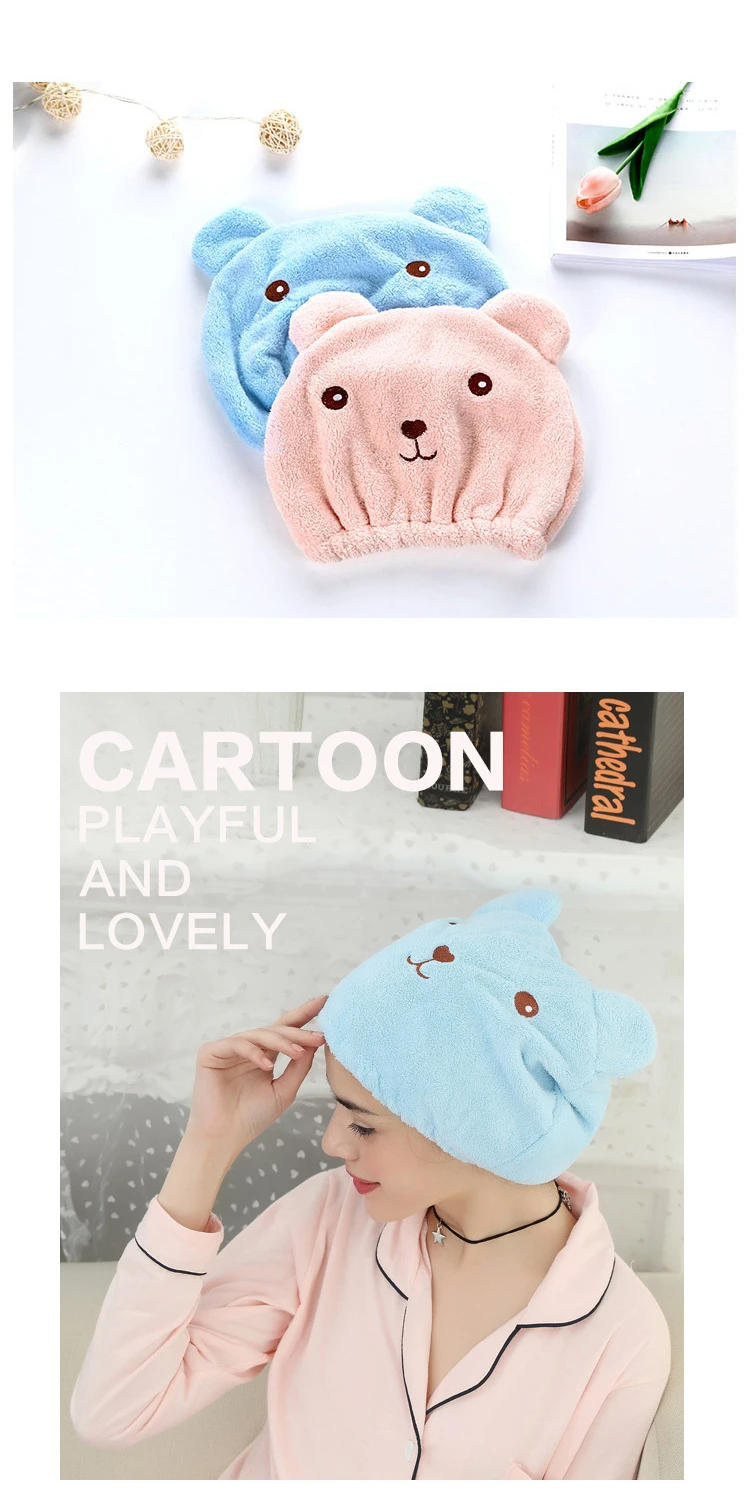 Description Picture 4 of itemLovely Little Bear Hair Drying Cap Towel Microfiber Quickly Dry Hair Shower Hat Wrapped Towels Bathing Cap Bathroom Accessories