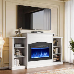 Electric Fireplace with 67" Mantel, Fireplace TV Stand w/ Storage Shelves, 23'' Multifunctional Fire Places Insert Heater, White