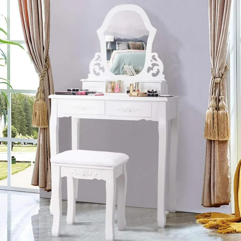 Description Picture 2 of itemDresser 4 Storage drawer with large mirror and cut-out pattern, painted finish, wooden dresser with upholstered stool seat,white