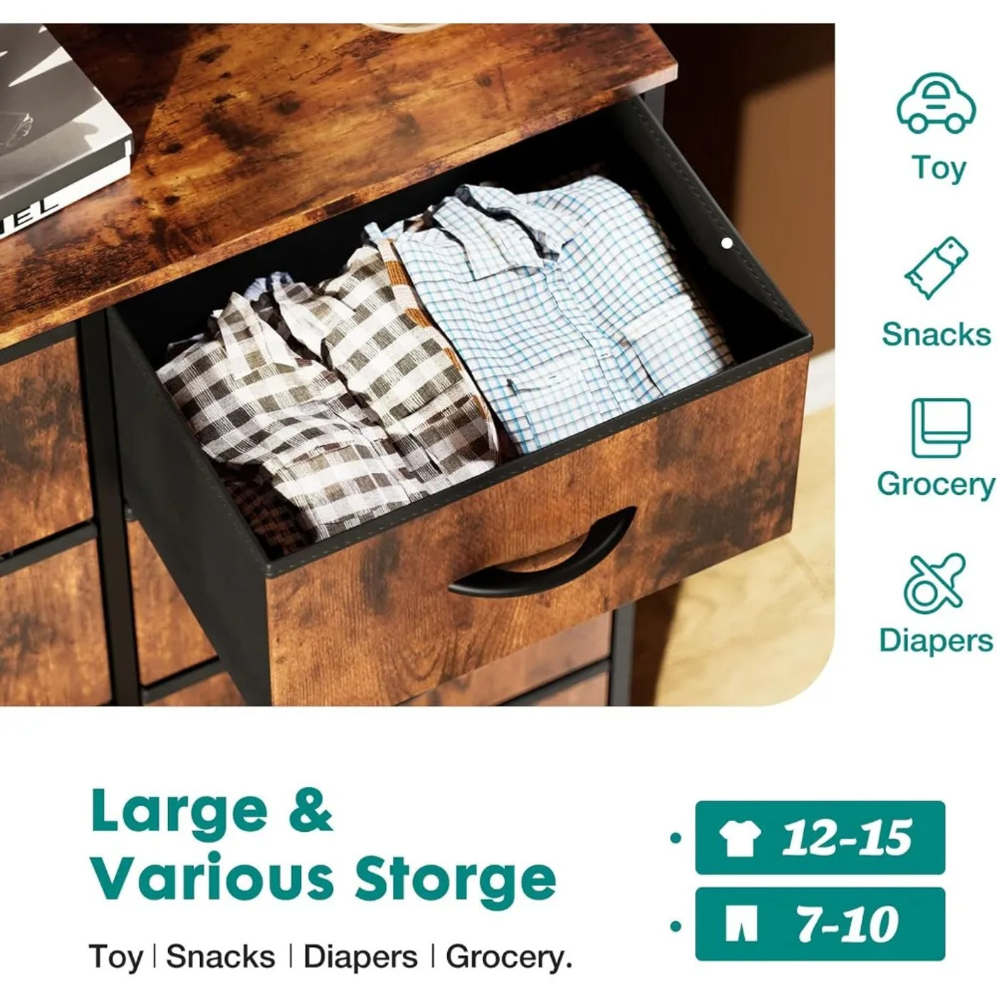 Description Picture 4 of itemFabric Dresser with 8 Drawers, Chest of Drawers with Fabric Bins, Tall Dresser with Wood Top for Bedroom, Closet, Entryway