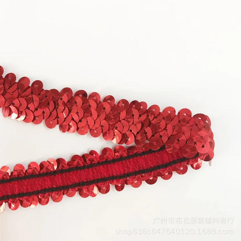 Description Picture 6 of item2Yards Elastic Sequins Ribbon Lace Trim Red Gold Sequin Sewing Fabric For Dress Clothes Headdress Bridal Wedding DIY Accessories