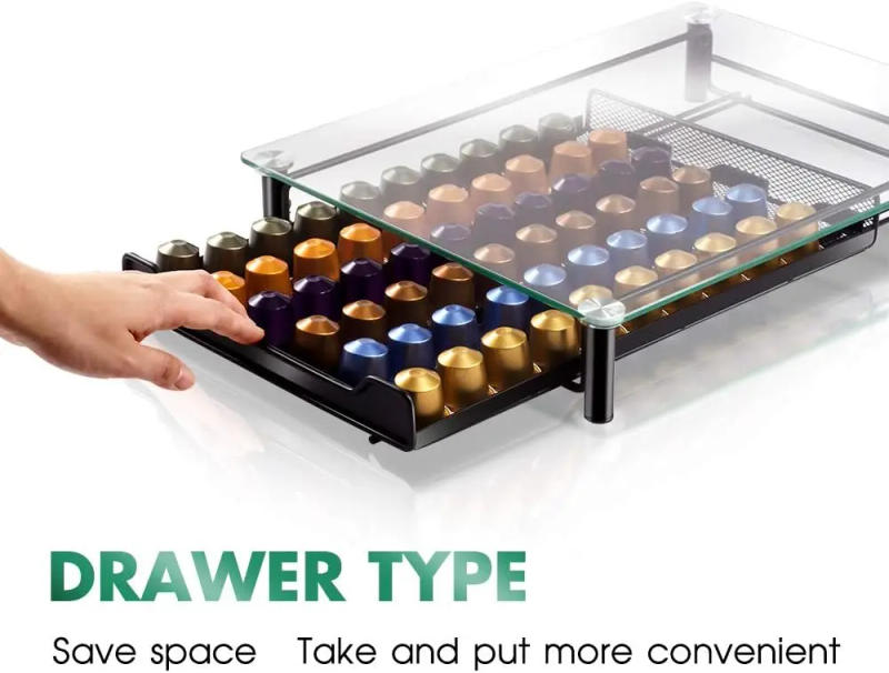 Description Picture 3 of item60  Pods Holder Drawer, Coffee Capsule Organizer for  with Glass Tray and Anti -slip Feet, Coffee Strorage Rack of Big Capacity