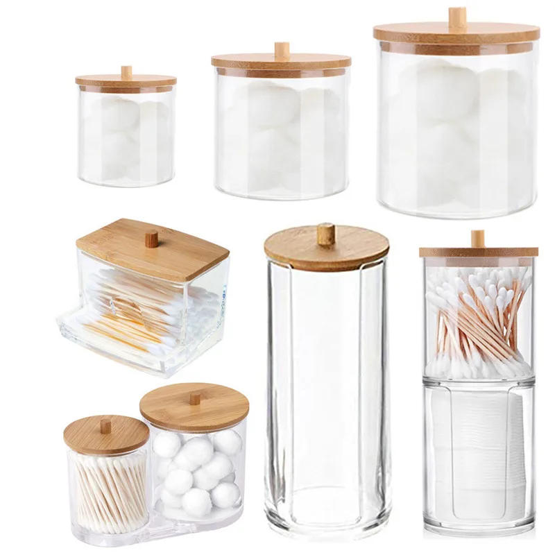 Description Picture 2 of itemPortable Bamboo Lid Cotton Swab Storage Box Round Transparent Acrylic Multipurpose Makeup Remover Cotton Boxes