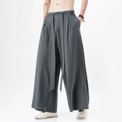 Chinese Style Linen Cotton Retro Pants Man Summer Kimono  Solid Color Traditional Pants Male Streetwear Casual Wide-Leg Trousers
