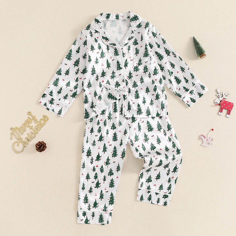 Description Picture 4 of itemKid Girl Boy Christmas Pajama Set Reindeer Print Long Sleeve Button Down Tops Elastic Waist Pants 2 Piece Set