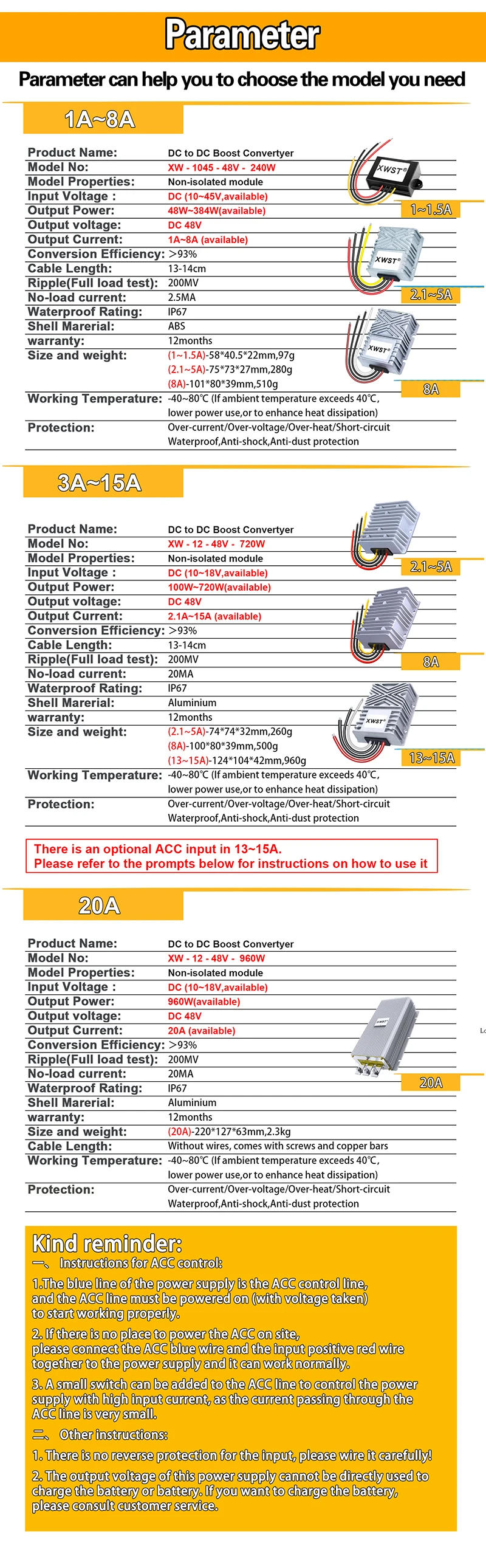 Description Picture 5 of itemFactory Waterproof DC DC Converter 10-45V to 48V  Boost Voltage Regulators 12V 24V to 48V Transformer Car Power Supply Module