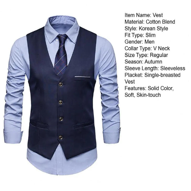 Description Picture 2 of itemVest Jacket Formal Pure Color Single Breasted Waistcoat Autumn Suit Vest  Single Breasted Sleeveless Waistcoat for Prom