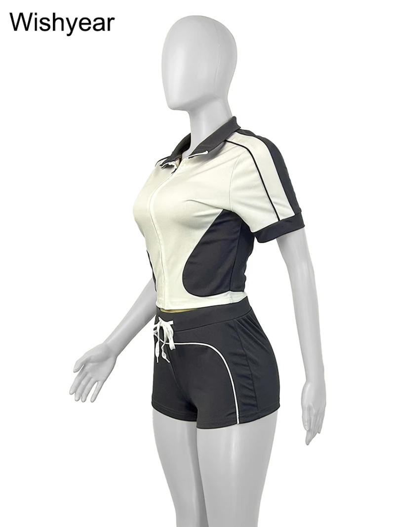 Description Picture 6 of itemSports Suit Patchwork 2 Pieces Pants Sets Women Short Sleeve Zip Tops and Shorts Drawstring Active Fitness Jogging Outfits 2025